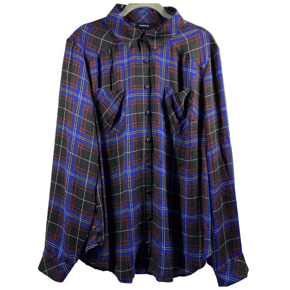Torrid Women's Blouse Top Size 2X Plaid Long Sleeve‎ Button Up Pleated Colorful